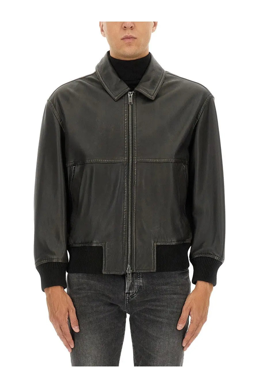 Boss men’s leather bomber jacket in dark gray with black ribbed cuffs and waistband