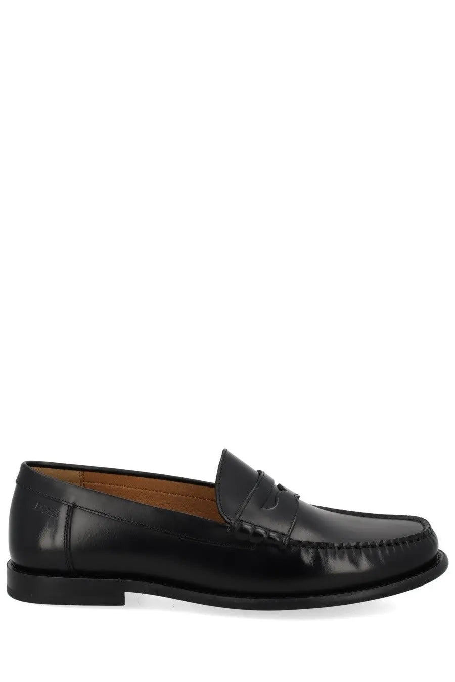 Boss men’s black leather loafer with polished finish and stitched detailing for a sleek formal look