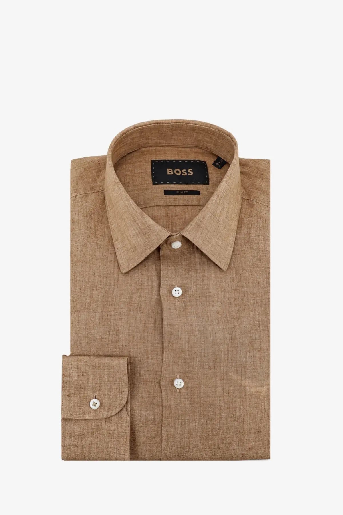 BOSS men’s beige linen button-down shirt with classic collar cuffs white buttons and brand label