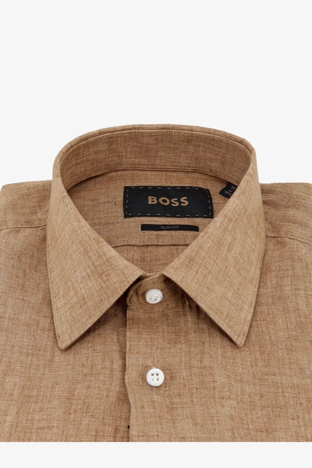 BOSS men’s beige linen shirt with classic collar white buttons and boss brand label in tan color