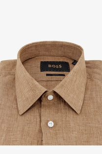 BOSS men’s beige linen shirt with classic collar white buttons and boss brand label in tan color
