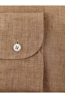Boss men’s beige linen shirt pocket with white button showcasing tan linen fabric and detailed stitching