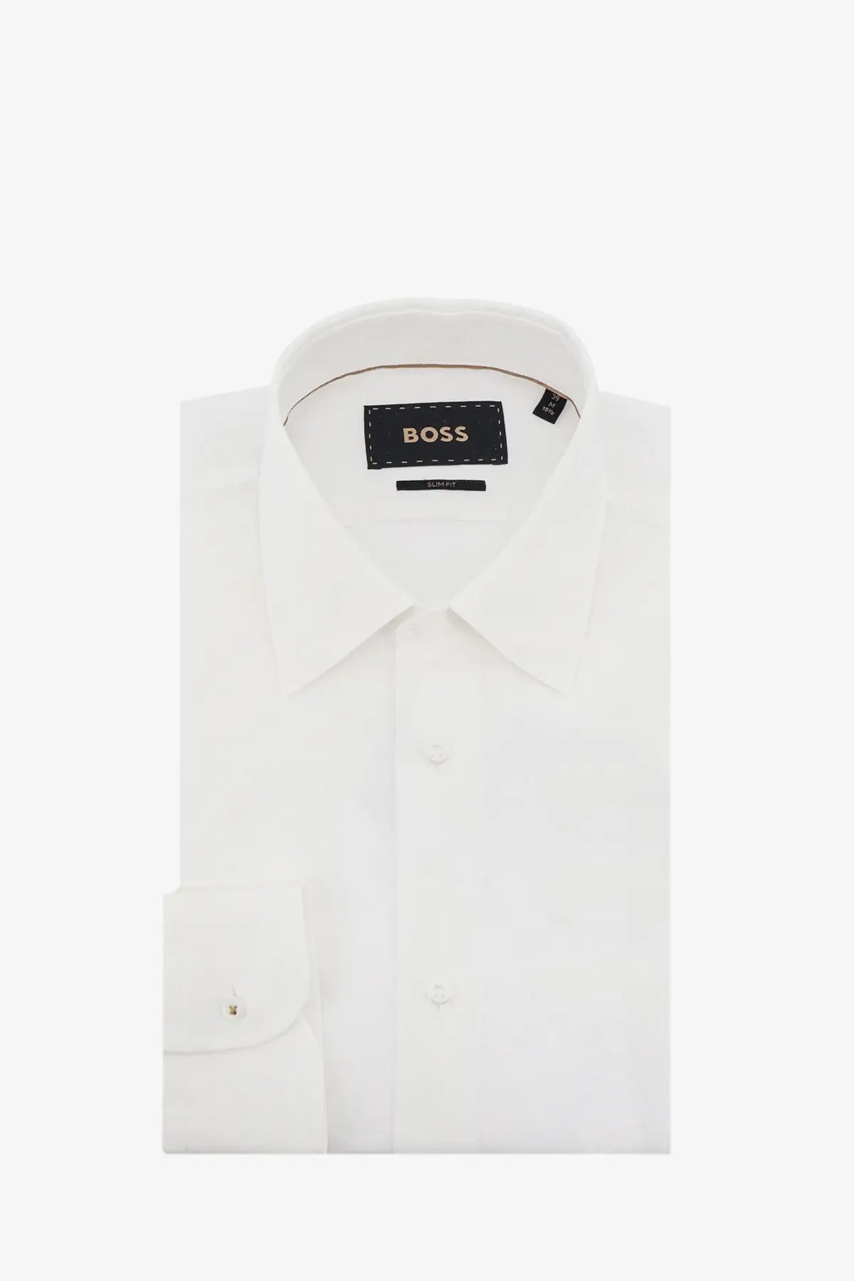 BOSS men’s white linen dress shirt with crisp collar buttoned cuffs and visible BOSS brand label