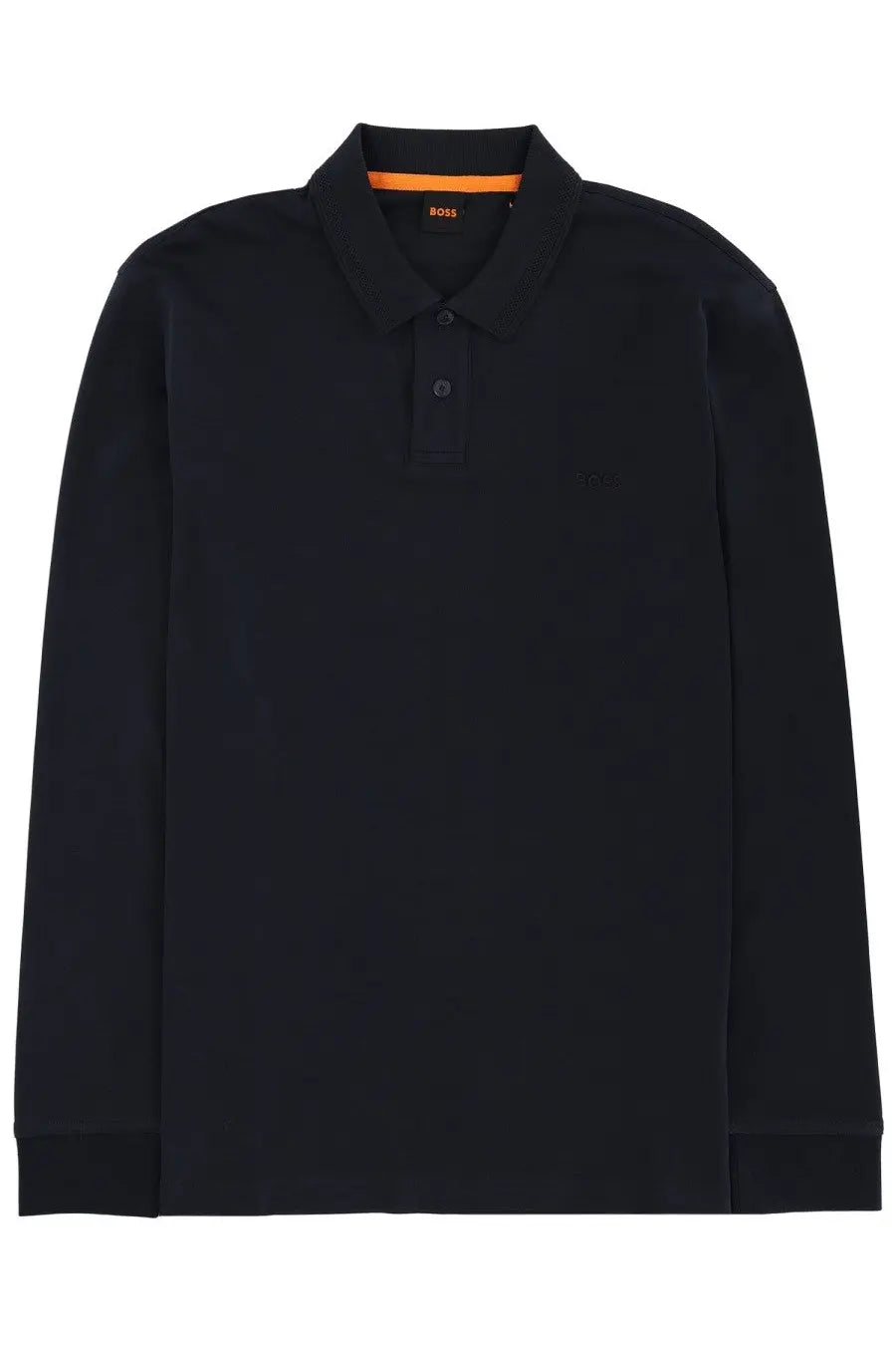 Boss men’s long sleeved black polo shirt with orange inner collar and subtle embroidered chest logo