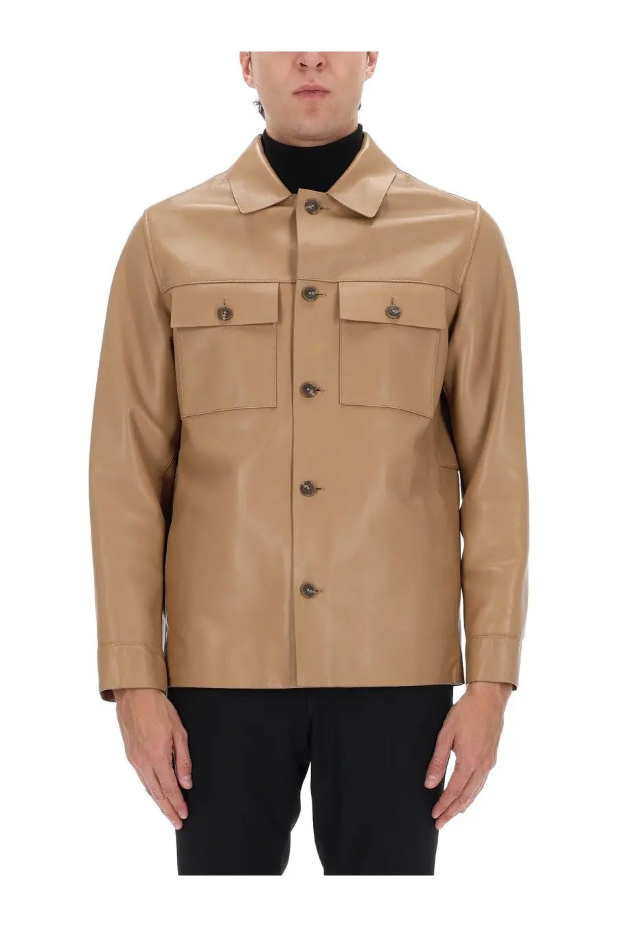 BOSS men’s Malid tan leather jacket with two front flap pockets and dark metal buttons in beige color