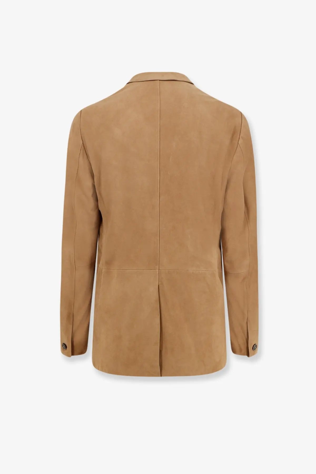 Image of the back side of a boss men’s mazer beige tan suede blazer with classic double-breasted design and buttoned cuffs