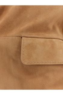 Tan suede pocket with neat matching stitching on boss men’s mazer suede blazer beige