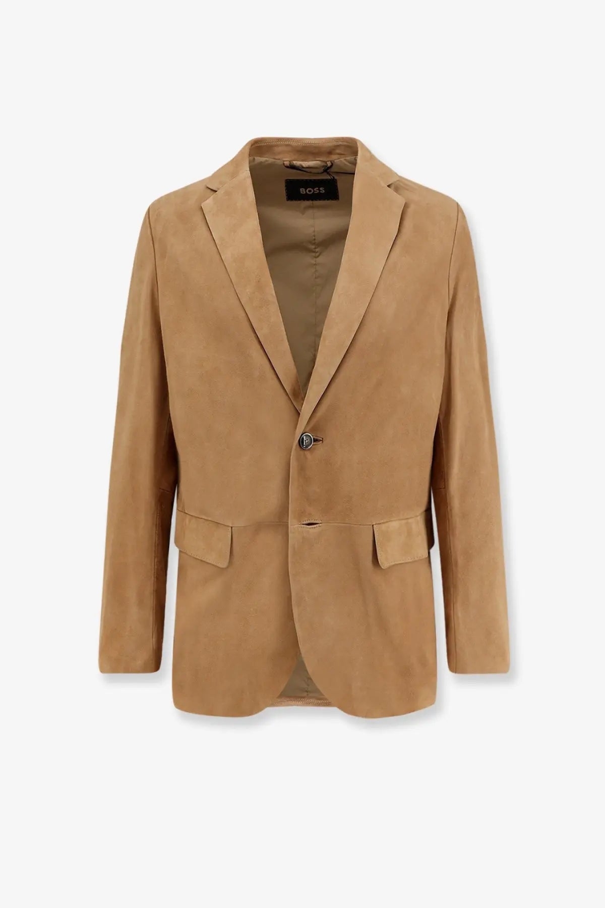 Tan suede blazer with single button and flap pockets featuring boss brand label inside for men by boss
