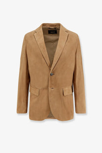 Tan suede blazer with single button and flap pockets featuring boss brand label inside for men by boss