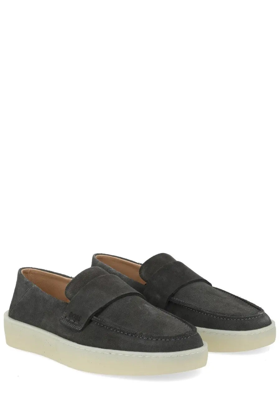 BOSS men’s mocassino Kieran grey dark gray suede loafers with a contrasting cream rubber sole