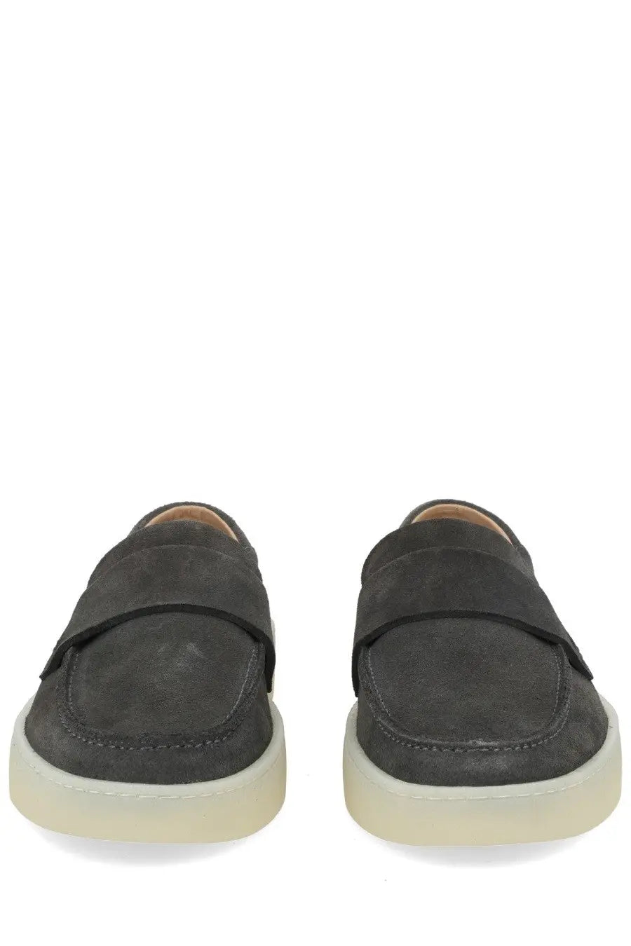 BOSS men’s mocassino kieran grey dark gray suede loafers with matte finish and translucent off-white rubber soles
