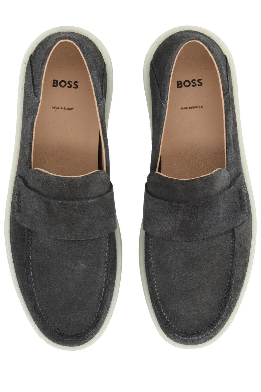 Dark gray suede BOSS men’s mocassino Kieran loafers with white rubber sole and boss logo on the insole