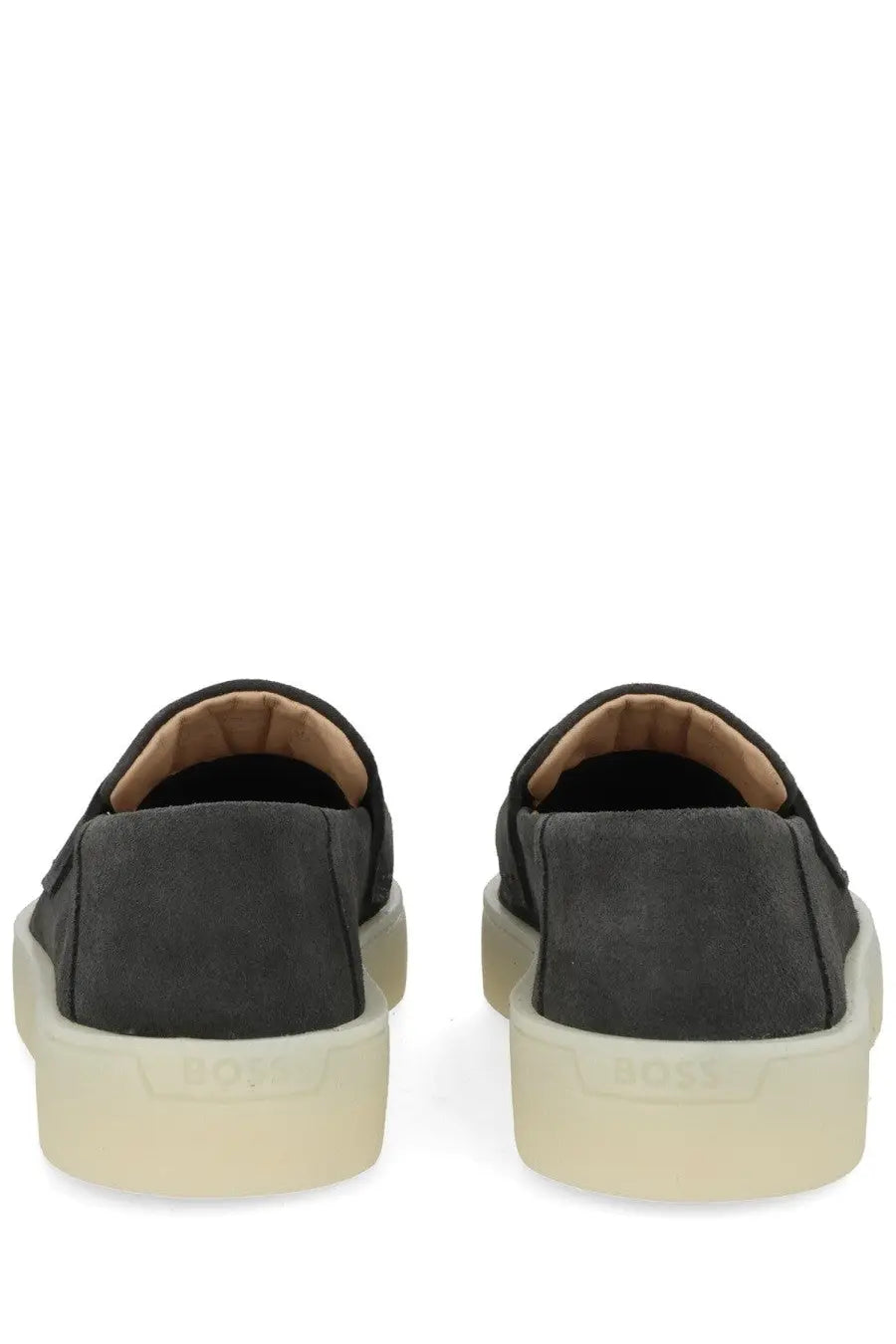 BOSS men’s mocassino kieran grey dark gray suede slip-on sneakers with cream rubber sole and black interior lining