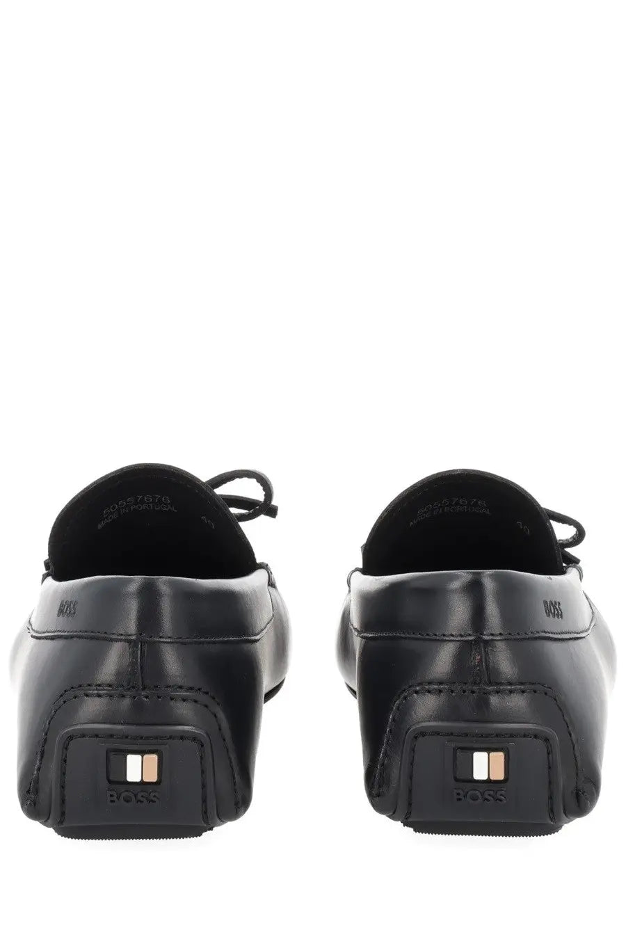 Back view of boss men’s moccasin black leather loafers with a sleek minimalist design and embossed boss logo on heel