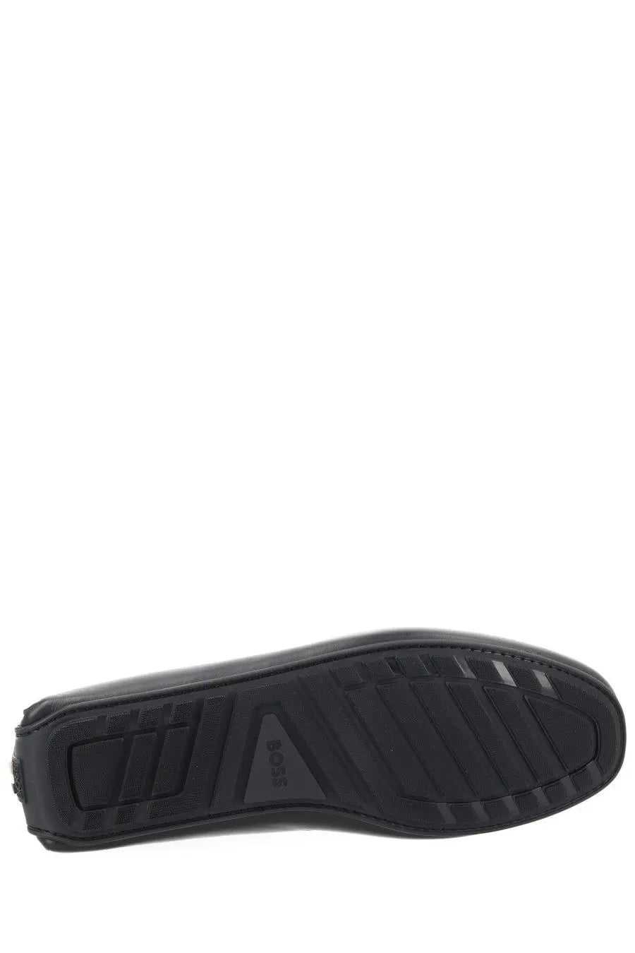 Black rubber sole with textured tread pattern and embossed logo on boss men’s moccasin black