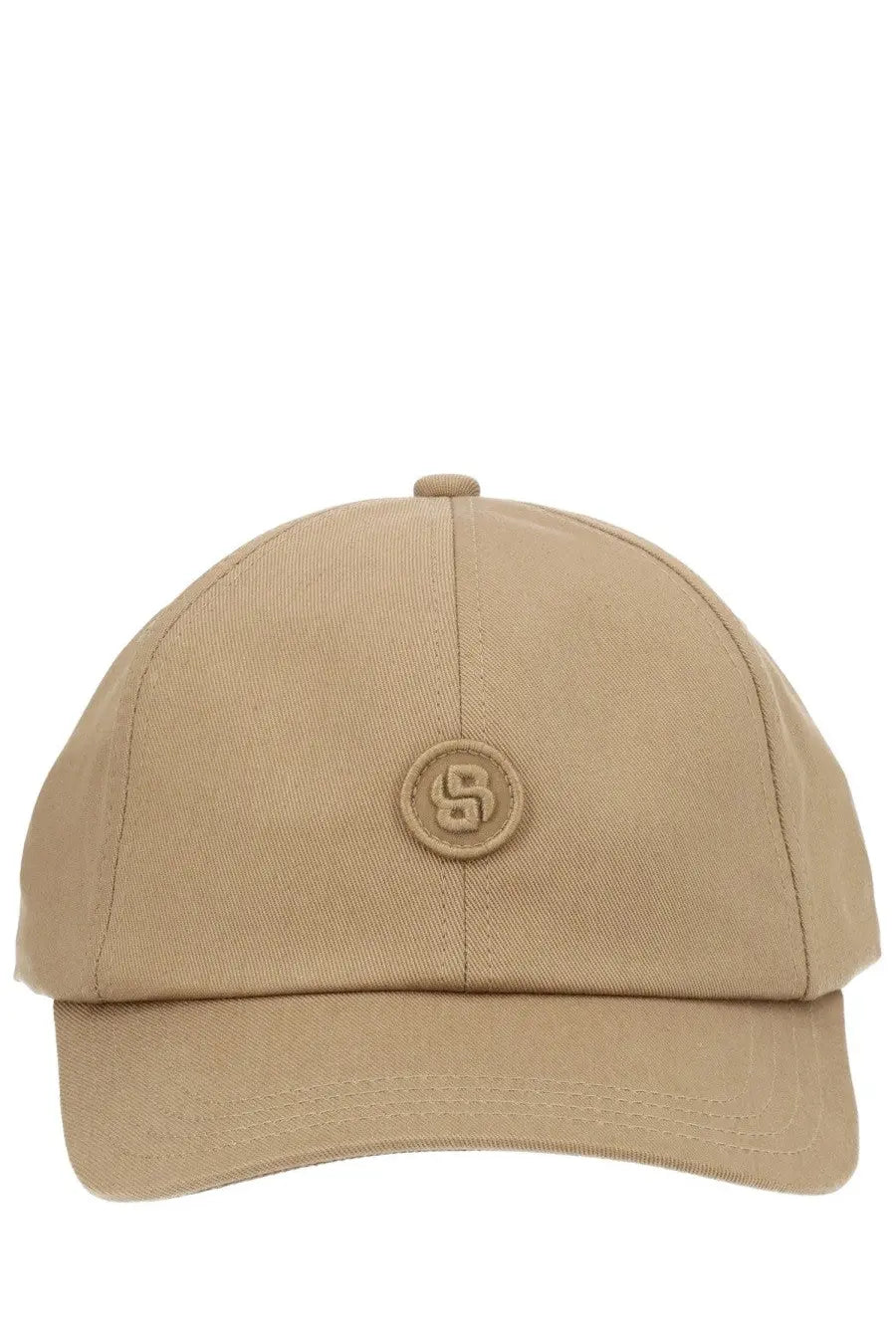 Beige cotton BOSS men’s monogram baseball hat with matching embroidered circular logo on the front