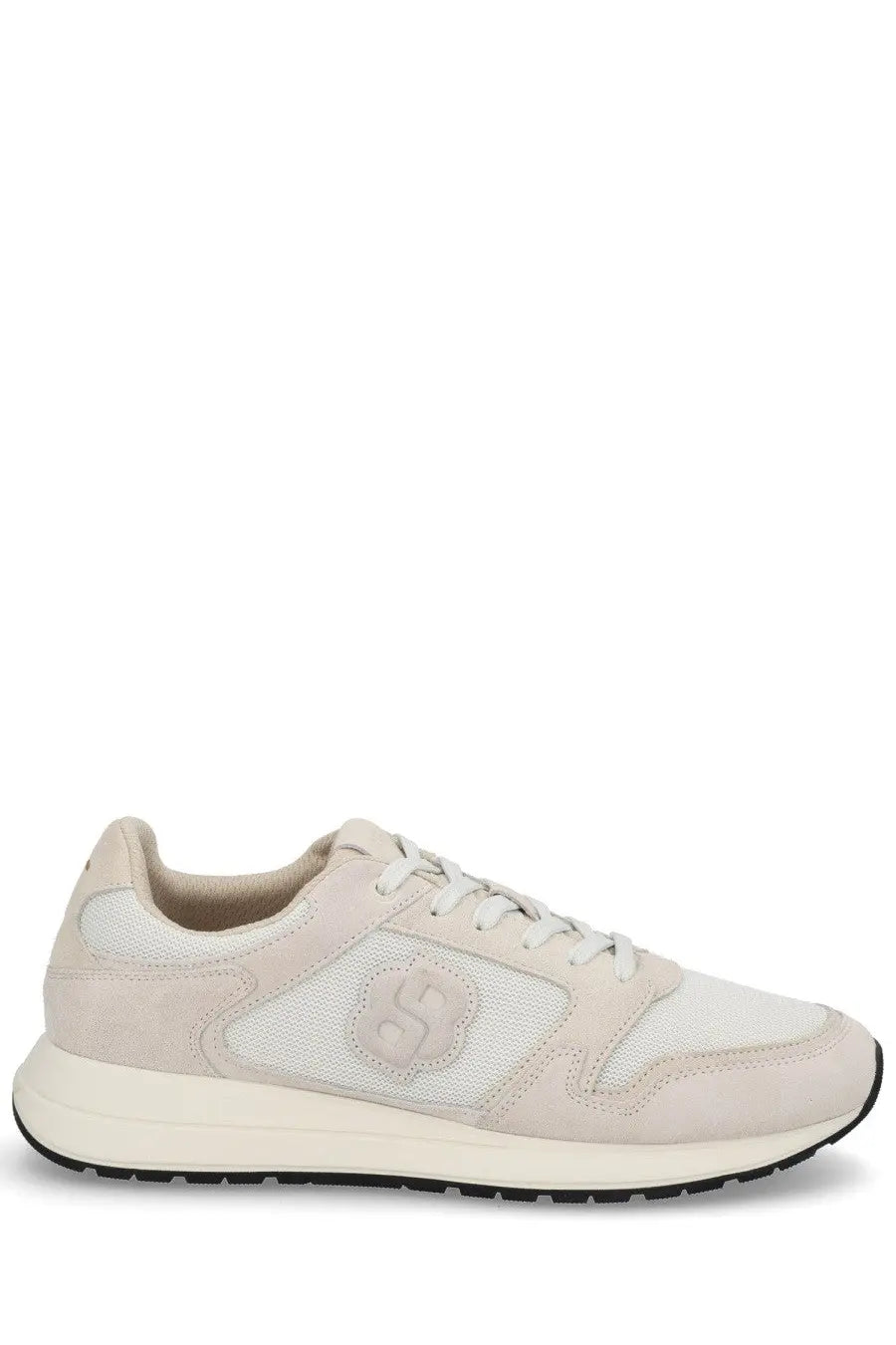 BOSS men’s monogrammed sneaker pink in beige suede and mesh with a subtle gray logo on the side