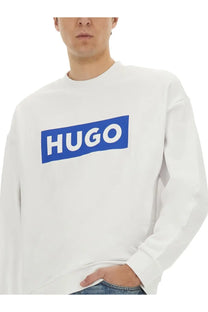 BOSS men’s Niero white sweatshirt with bold blue rectangular logo across the chest in soft cotton material