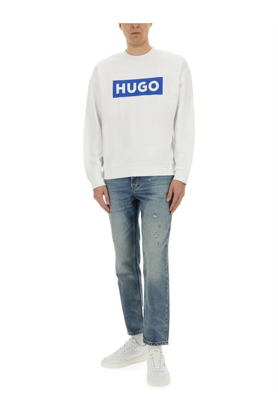 BOSS men’s Niero white sweatshirt with bold blue rectangular logo across the chest in soft cotton material