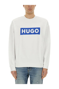 BOSS men’s white Niero sweatshirt featuring a bold blue rectangular logo with white lettering across the chest