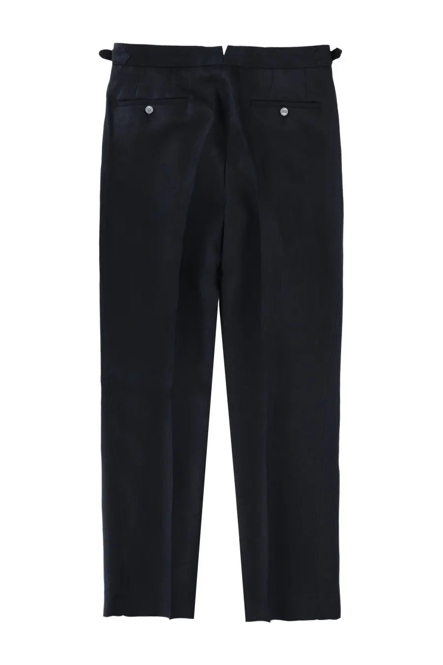 Black tailored BOSS men’s trousers with sleek straight-leg cut and subtle pleats at the back shown from behind