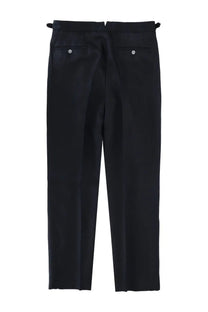 Black tailored BOSS men’s trousers with sleek straight-leg cut and subtle pleats at the back shown from behind