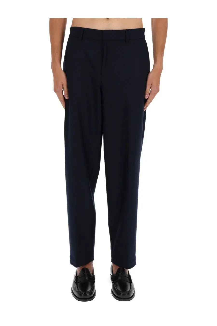 Navy blue tailored BOSS men’s formal pants with straight-leg cut and subtle creases perfect for office wear