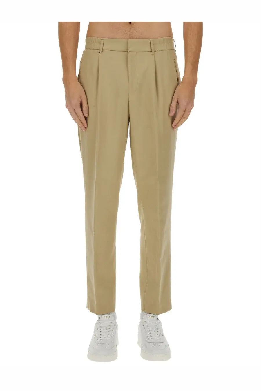 BOSS men’s khaki pleated tailored fit trousers in beige with belt loops perfect for smart casual wear