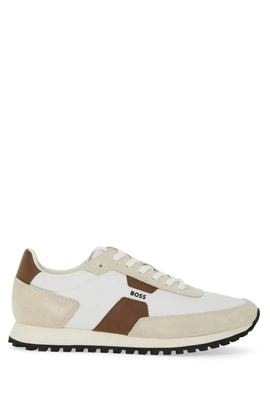 BOSS men’s parkour sneaker white featuring white and brown suede and canvas with a black rubber sole and boss logo