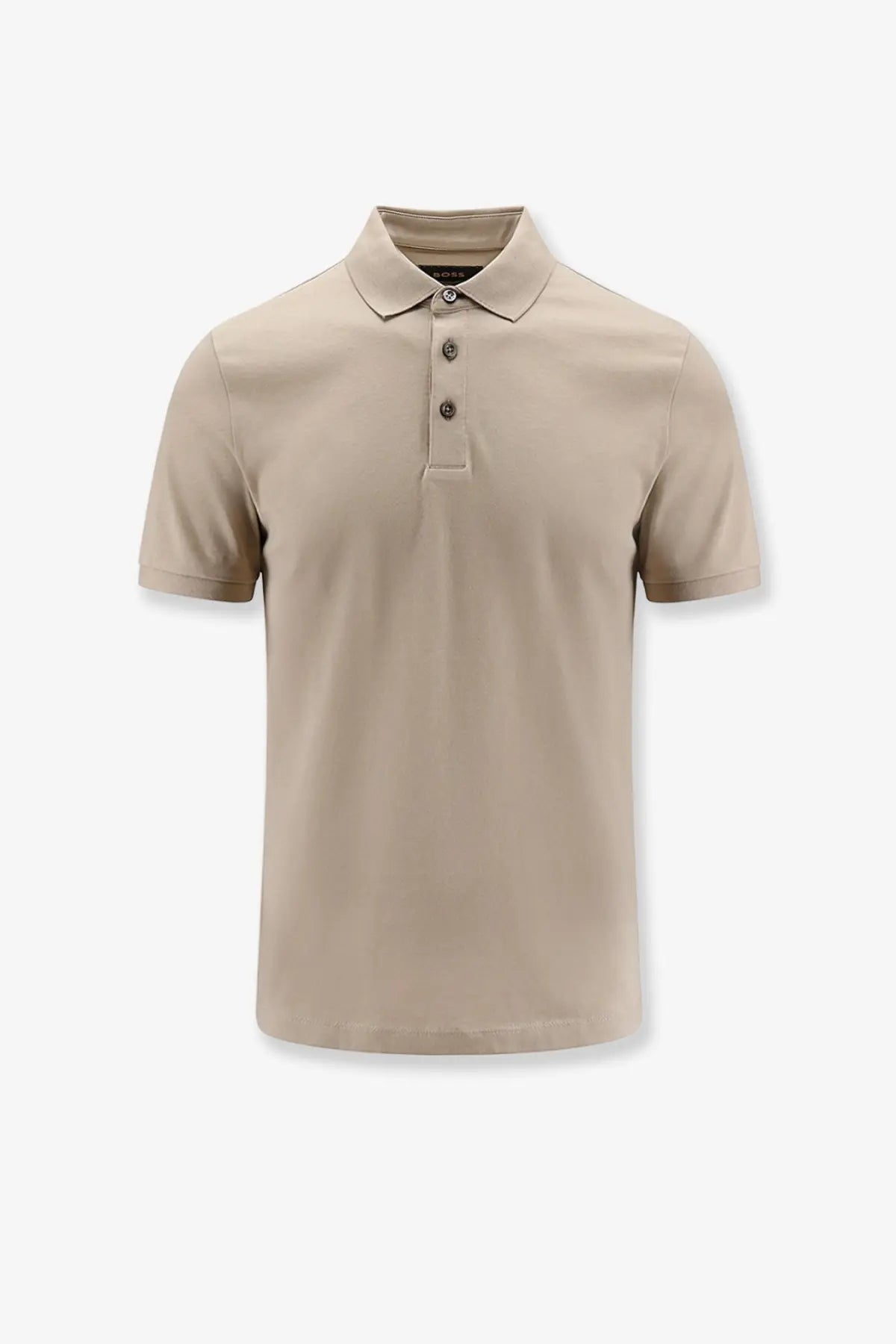 Beige short-sleeved BOSS men’s Perry cotton polo shirt with classic collar and three dark buttons