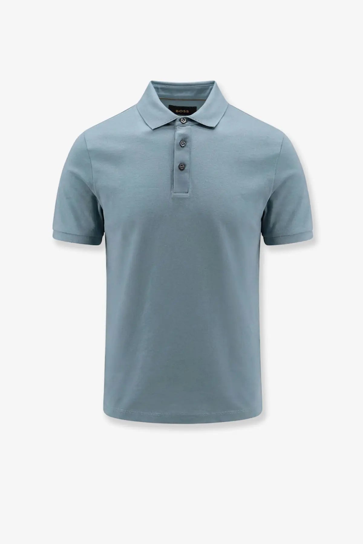 BOSS men’s Perry cotton polo shirt in light blue with short sleeves classic collar and three dark buttons