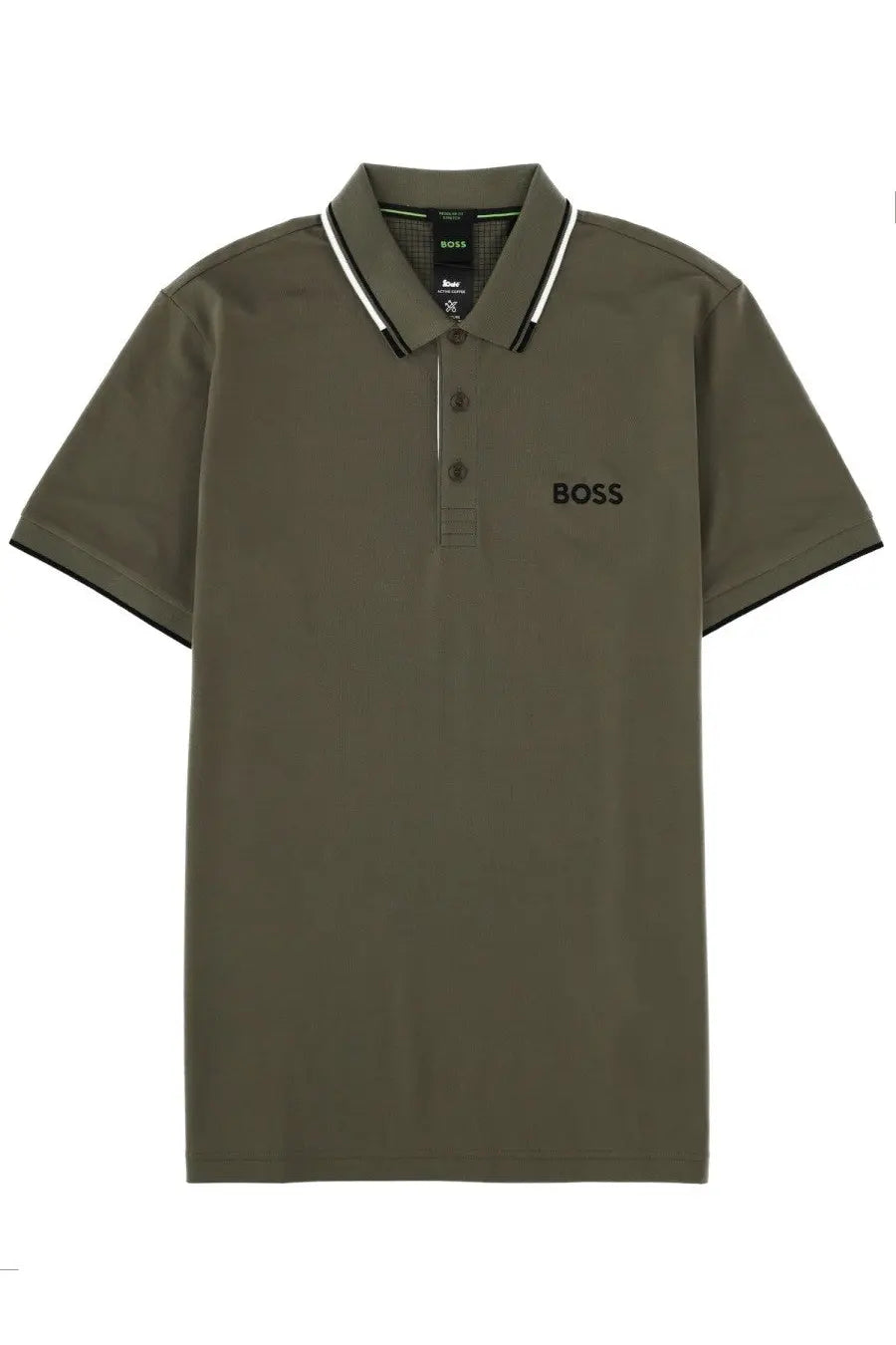 BOSS men’s olive green short-sleeved polo shirt with black and white trim and subtle boss logo on chest