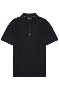 Black boss men’s polo novo blue short-sleeved shirt with classic collar and three silver buttons at neckline