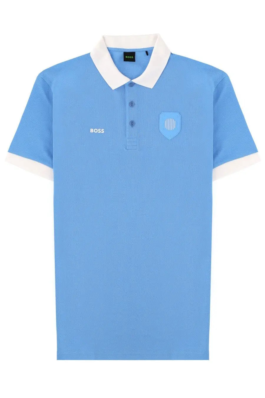 BOSS men’s polo Paddy blue in light blue with white collar and sleeve trim and embroidered shield logo on the chest