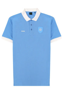 BOSS men’s polo Paddy blue in light blue with white collar and sleeve trim and embroidered shield logo on the chest