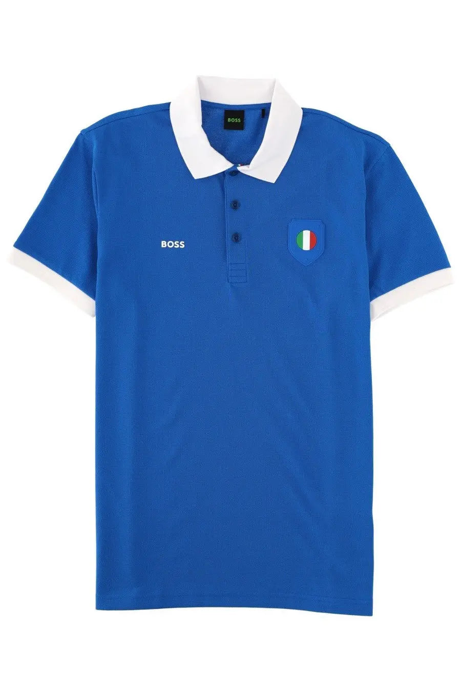 Boss men’s polo paddy blue shirt with white collar and sleeve trim featuring embroidered italian flag patch on left chest