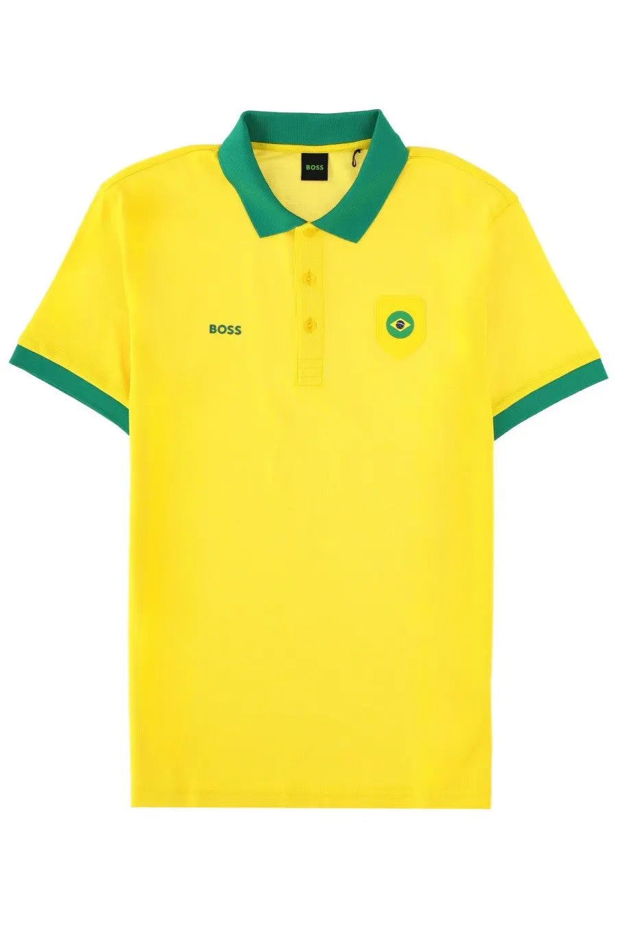 BOSS men’s polo paddy yellow with green collar and sleeve trim featuring embroidered Brazilian flag patch