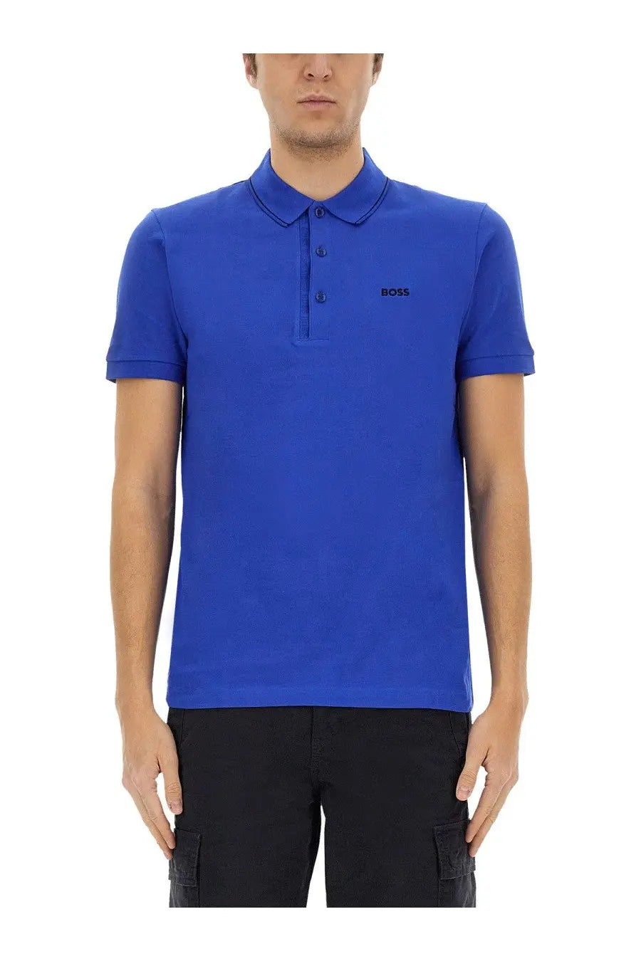 BOSS men’s polo Paule blue short-sleeved shirt with classic collar and embroidered logo on the left chest