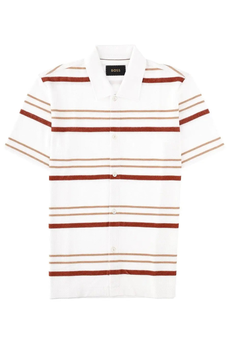BOSS men’s polo pitti white short-sleeved shirt with rust and beige horizontal stripes and button-down front
