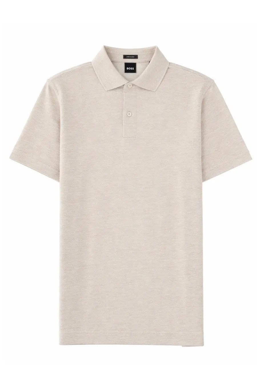 Beige short-sleeved polo shirt with classic collar and button placket featuring boss label at neckline