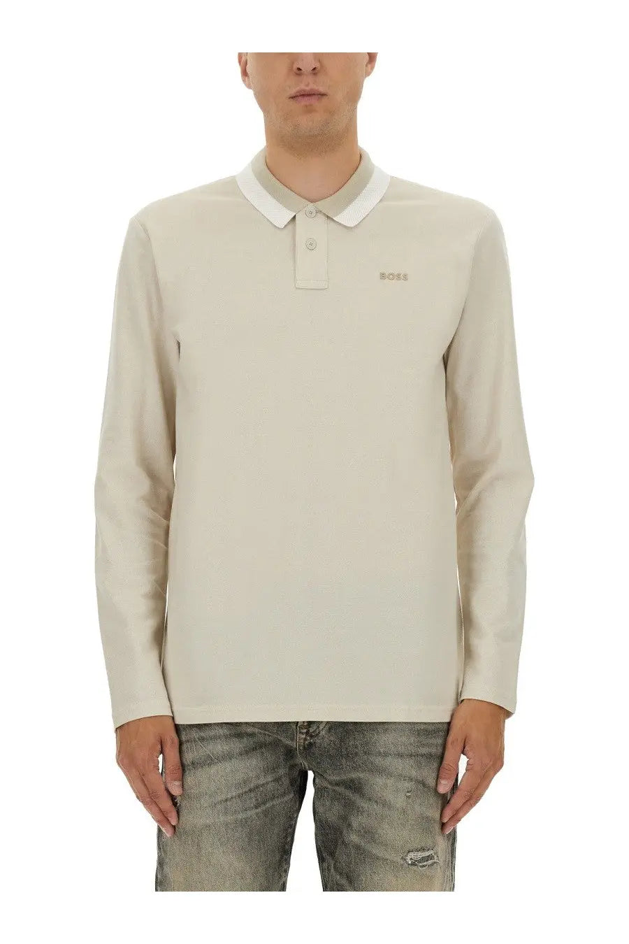 BOSS men’s beige long-sleeved polo shirt with white collar and subtle boss embroidery on chest in peoxford fabric