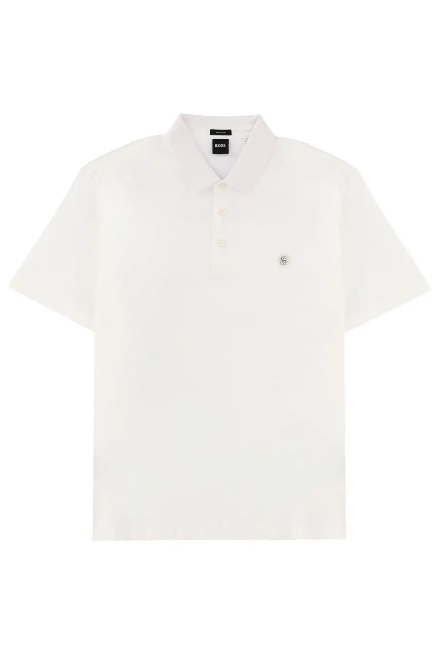 Boss men’s white short-sleeved polo shirt with subtle embroidered logo and branded collar tag