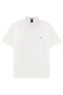 Boss men’s white short-sleeved polo shirt with subtle embroidered logo and branded collar tag