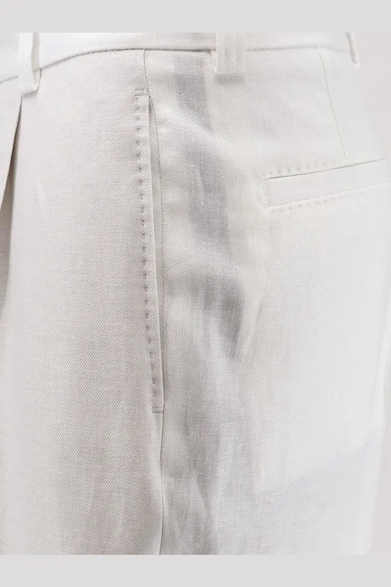 BOSS men’s port linen trousers white with white pleated design textured weave and clean stitching along the seam