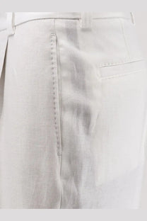 BOSS men’s port linen trousers white with white pleated design textured weave and clean stitching along the seam