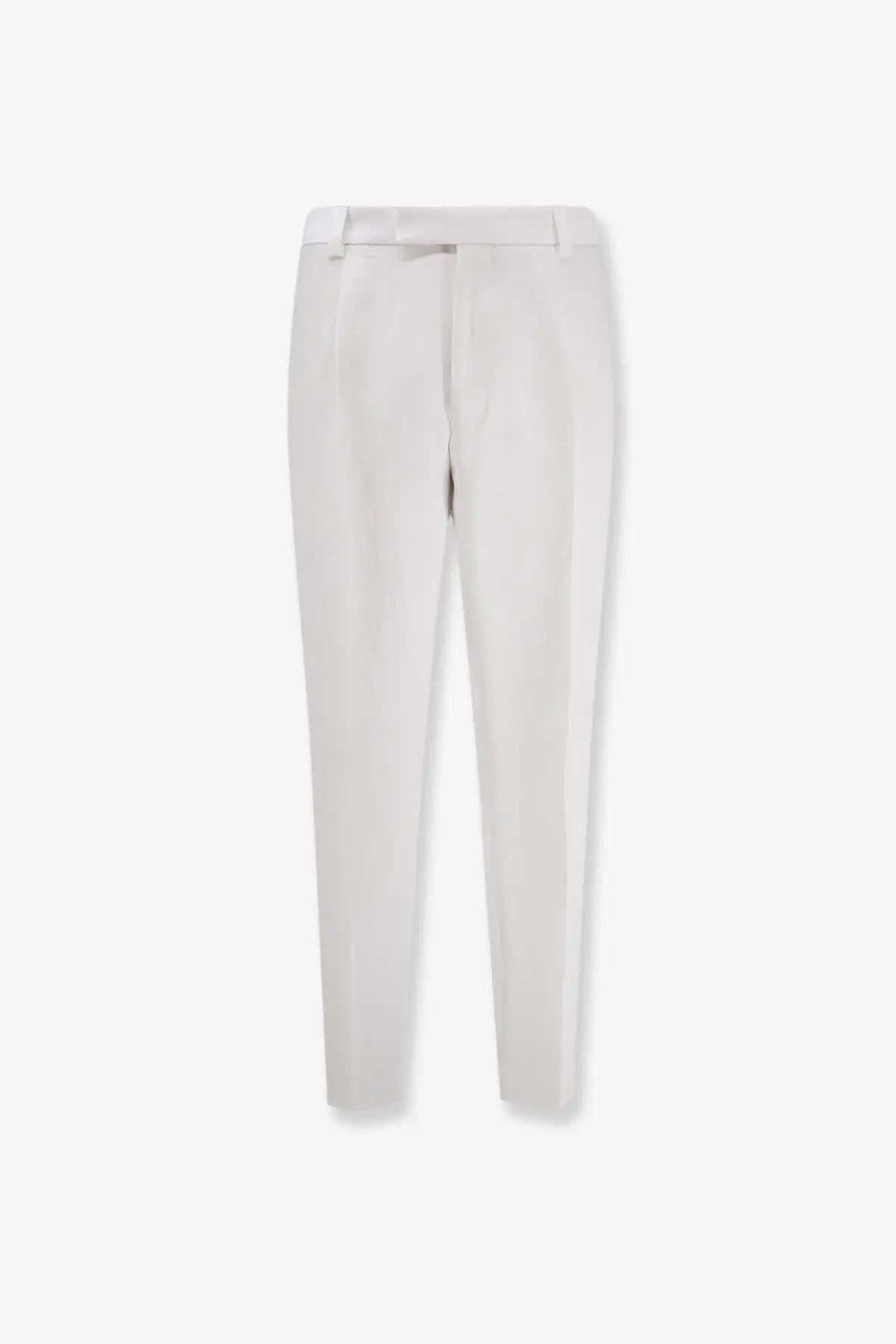 White tailored slim-fit port linen trousers for men by BOSS with subtle waistband pleats