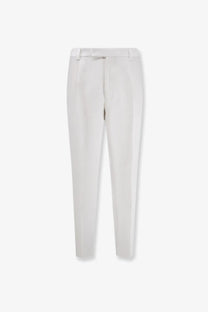 White tailored slim-fit port linen trousers for men by BOSS with subtle waistband pleats