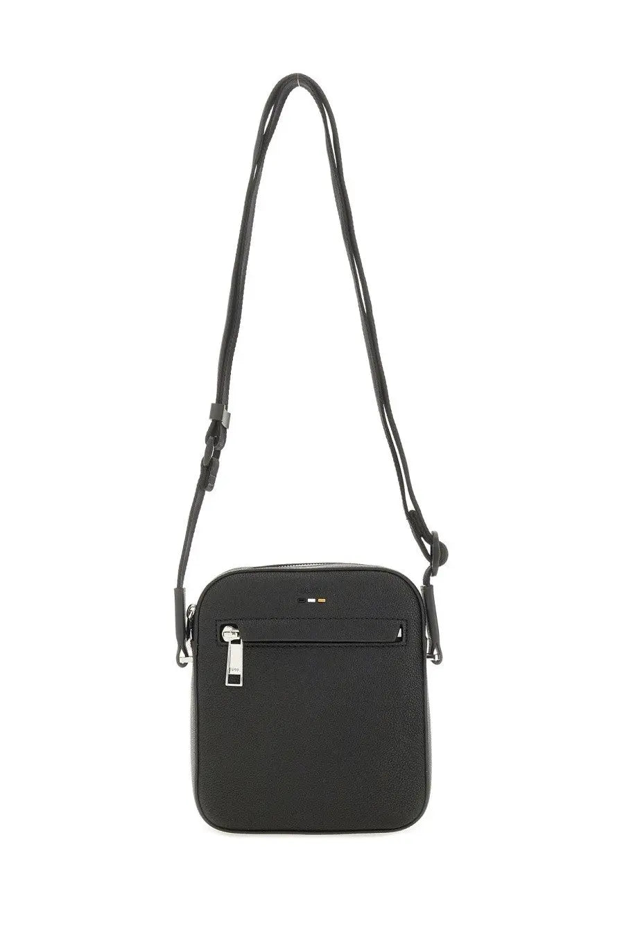 Boss men’s reporter bag black textured leather crossbody bag with silver-toned zipper and front brand logo