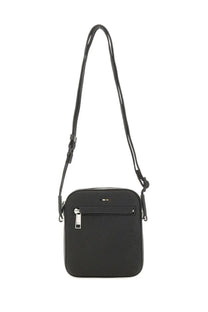 Boss men’s reporter bag black textured leather crossbody bag with silver-toned zipper and front brand logo