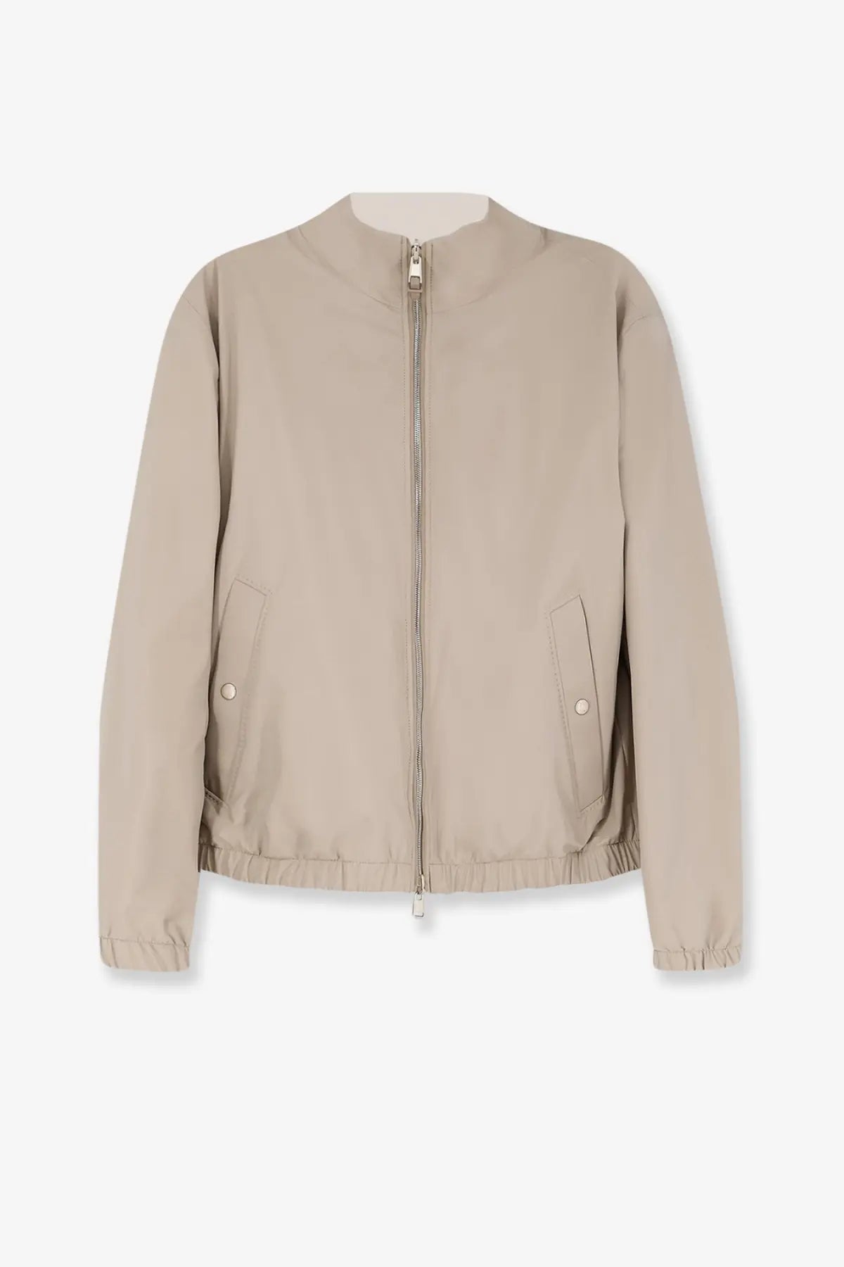 BOSS men’s reversible bomber beige jacket with central zipper, two front pockets with silver buttons, and elastic cuffs